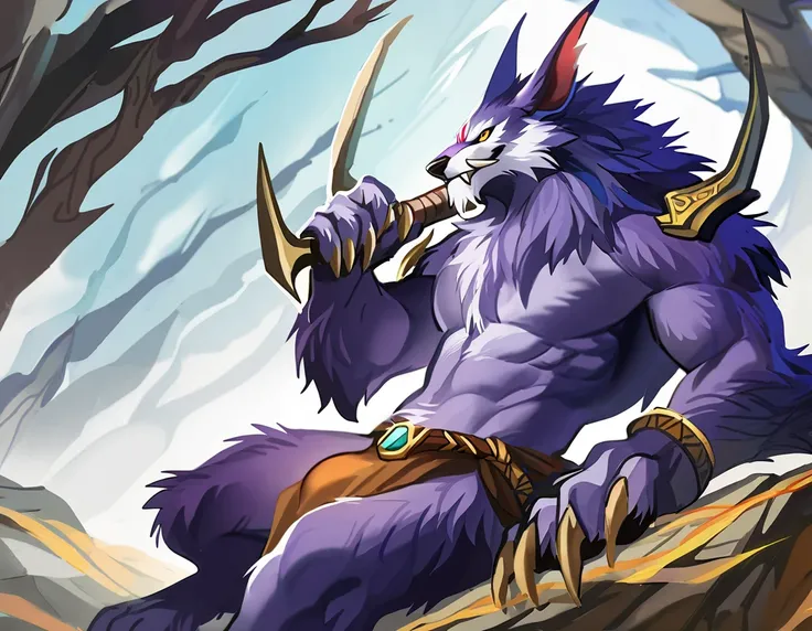 best quality, 4k, ultra-detailed, by windwttom,solo,male werewolf,warwick from leage of legends,anthro,muscular,loincloth,bulge,sitting,sedictive,low angle view