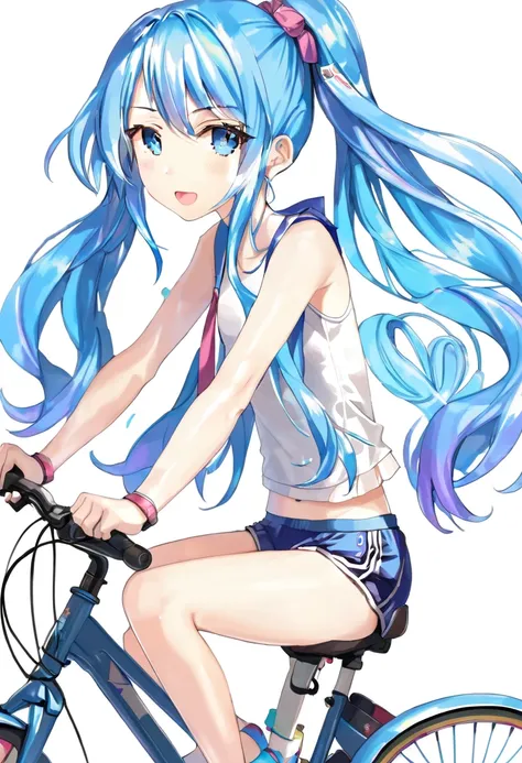 (1 girl), sitting on top of bicycle, dolphin shorts, blue hair, ponytail, side view, shaking, motion lines, heavy breathing, blushing,