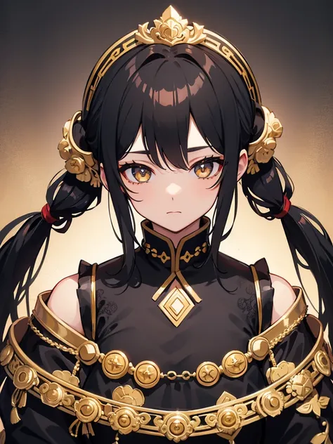  black hair、Super beautiful、20-year-old male、Pigtails、black china dress with gold embroidery、 face up