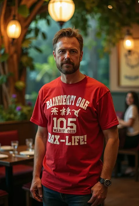 guy standing in rainforest cafè wearing  a shirt that says "on February 4th 2023 i received a lifetime ban from rainforest cafè for wrestling the animatromic alligator