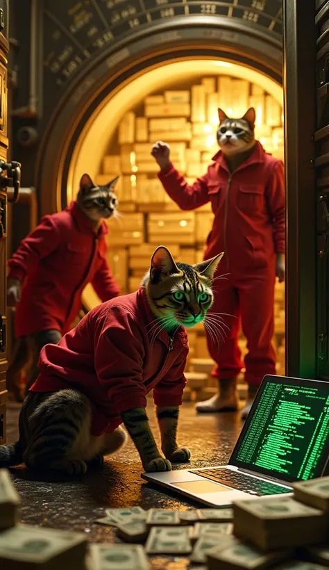 A team of cats in red jumpsuits moves stealthily through a grand bank vault filled with gold and money. The tabby cat (Tokyo) crouches near an open vault door, while a Sphynx cat (Rio) sits beside a laptop with glowing green code. In the background, the Ma...