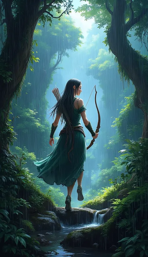 Anime art style, fantasy, female elf archer walk in forest in the rain,  wet hair, wet clothes, heavy rain, wild and beautiful fantasy forest, detailed, masterpiece, anime Simple digital painting, midjourneyv6.1