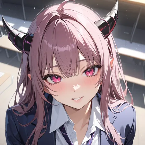 masterpiece, best quality, ultra detailed, high resolution, 萌え, demon horn, demon ears, high school student, school, classroom, collared shirt, blazer, pleated skirt, school uniform