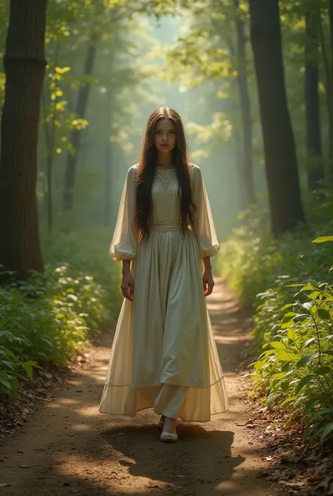 Beautiful puritan girl, fashon model, walking next to a dirt road, in a forrest, shes week, and tired.