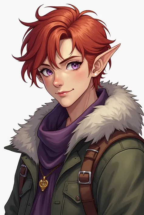 beautiful drawing, travelers clothes, gender fluid androgynous half elf, lavender eyes smart, light hair below the shoulders combed back, fighter aesthetic, dark red hair, anime style, portrait, facing the camera, freckles, fluffy hair, handsome features, ...