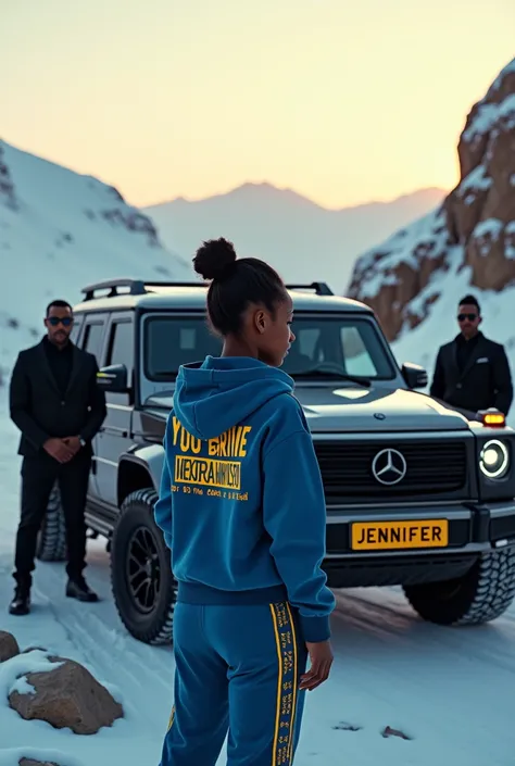 A Tanzanian young woman with dark African skin getting into a luxurious black SUV resembling a Cadillac Escalade in a snowy mountain landscape during sunrise. The SUV features a bold front grille, rugged tires, and a sleek design. The SUV has a bright yell...