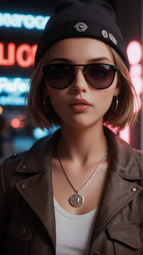 clean, detail eyes, detail nose, detail lips, best quality, 4k, 8k, high resolution, masterpiece:1.2, ultra-detailed, render, perfect shape, Face close up, alternative girl, watching over black sunglasses, jacket, necklace, neon light reflections on skin, ...