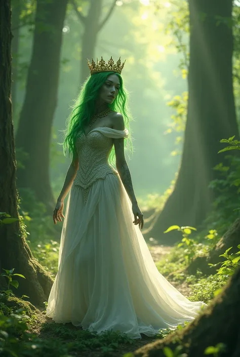 Green haired female zombie wearing white princess dress with crown in forest