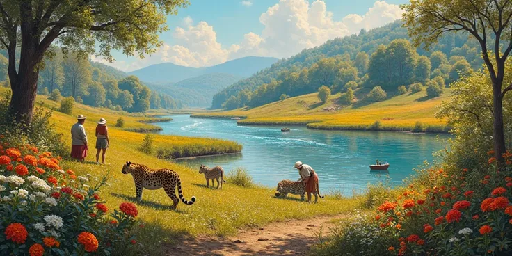 In the style of Claude Monet ,  the painting portrays a place with lots of colorful food . There is a river in the landscape .  The sunlight and the warm colors add even more charm to the painting . there are colorful flowers,   and wild animals and a jagu...