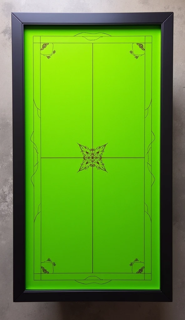 
Direct top view of A modern Mahjong rectangular shape table design with a neon green felt surface, sleek black metal borders, and subtle geometric patterns in the center. show close view of table surface. full table edge to edge view.