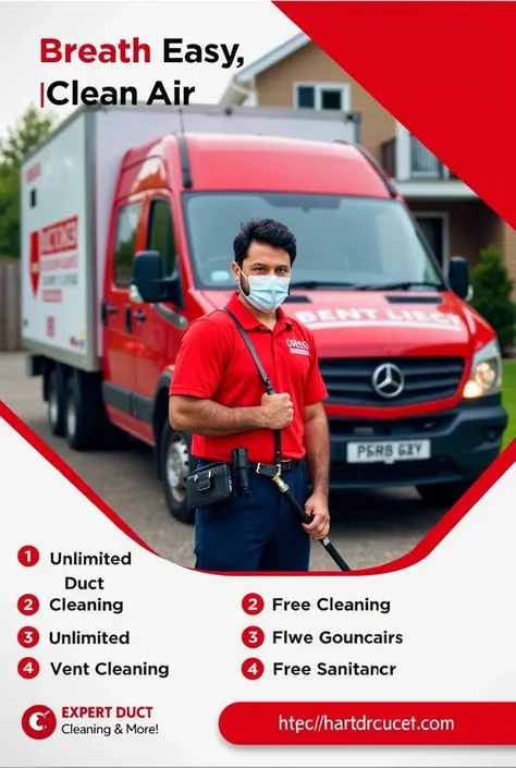 "Design a modern and clean duct cleaning poster with a bold red truck parked outside a home. The truck features the company logo on the side and is equipped with specialized duct cleaning tools. Standing next to the truck is a professional Punjabi man in a...