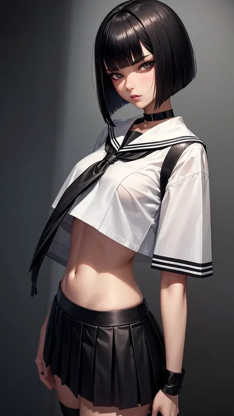 hentai,black bob cut,straight bang,(boyish face:1.5),short sleeved croptop white sailor blouse,low-rise micro pleated skirt,