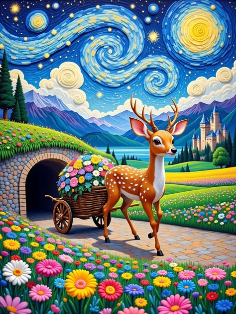 3D 3D oil painting，Van Gogh oil painting，Fingerprint oil painting，3D relief，Dreamy colors and details， In it there is an elegant deer pulling a flower bed out of the tunnel， The fawn has beautiful spots and smart eyes ， The flower bed is woven from all kin...