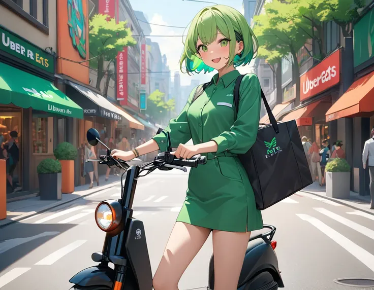 (((Best quality, 8k, Masterpiece: 1.3)), ((best quality)), ((masterpiece)), (detailed), perfect face, perfect body, (detailed skin:1.3), (intricate details), A young girl with short green hair, wearing a casual yet professional outfit suitable for a delive...