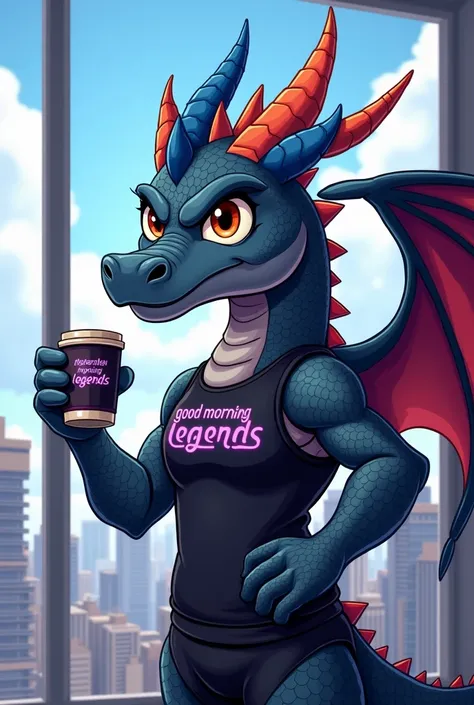  A complete scene of a cartoon dragon wearing dark gray scales /blue,  red-orange horns and wingtips and black athletic-style clothing with " Nerva Mascot "  written in dark / purple on the chest .   The dragon is confident  ,  displaying a bold and dynami...