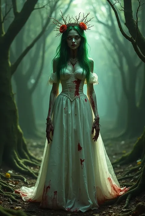 Green haired female zombie wearing blood-stained white princess dress crowned in forest