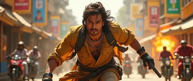 A high-octane action scene set in a bustling South Indian city, where a charismatic hero charges forward with intense determination. He wears a rugged, traditional outfit with modern elements, blending cultural heritage with contemporary style. In one hand...