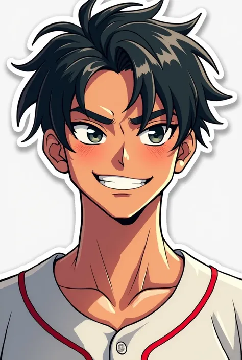  Big Man Chocolate Sticker Style、22-year-old male、Baseball club、 facing the front、 black hair、 Slightly Macho 、ソース顔 black hair,  smiles,  Sparkling Effect , 