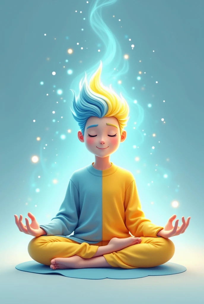 a male cartoon character ,  he is meditating half of his clothes are yellow and the other half blue,  half his hair yellow and the other half blue , The very relaxed and soft style 