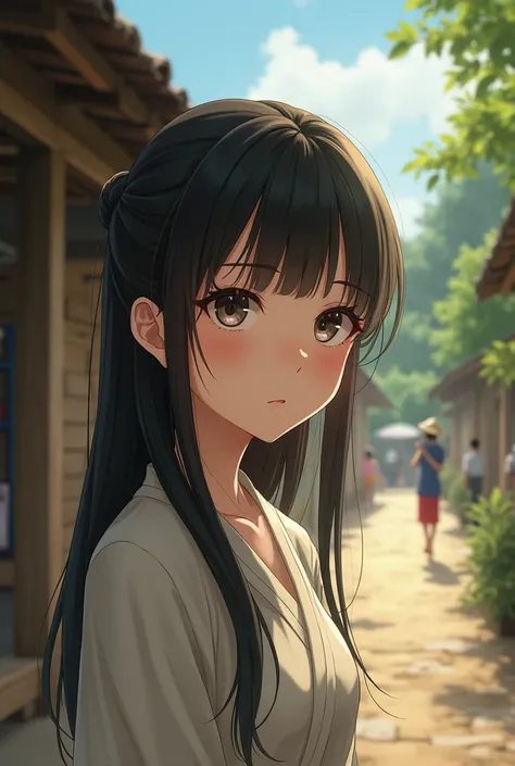 Realistic anime picture of a young Thai woman secretly looking at her lover. Provincial atmosphere