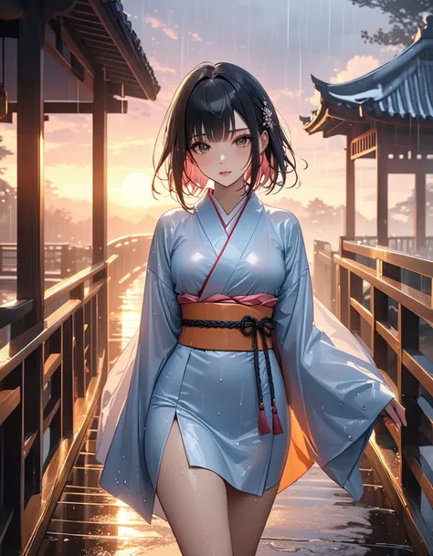 Walking in the Rain, Shima Rin,  An old bridge shrouded in fog, Long-sleeved kimono,  Adult, Alluring, sunset, masterpiece:1.5, masterpiece, highest quality, UHD, retina, masterpiece, ccurate, anatomically correct, textured skin, super detail, high details...