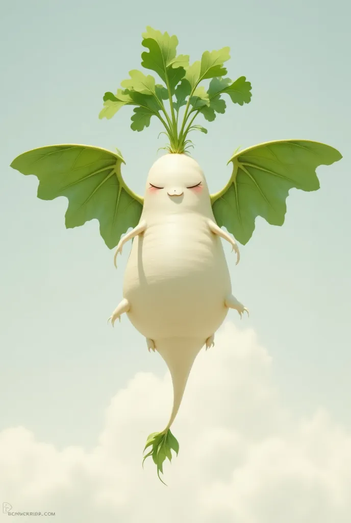 daikon, a dinosaur with leafy wings, unrealistic art, monster movie,daikon flying in the sky、white skin, green wings