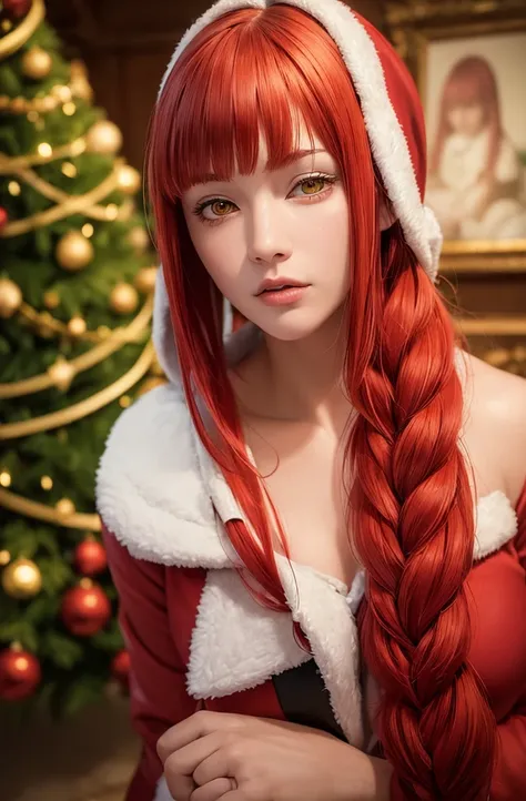 masterpiece, (photorealistic:1.4), best quality, beautiful lighting, wearing santa costume, standing in front of shimmers christmas tree

, makima (chainsaw man), (red hair)+(long one braided hair)+(bangs), yellow eyes, golden eyes, (ringed eyes),  

RAW p...