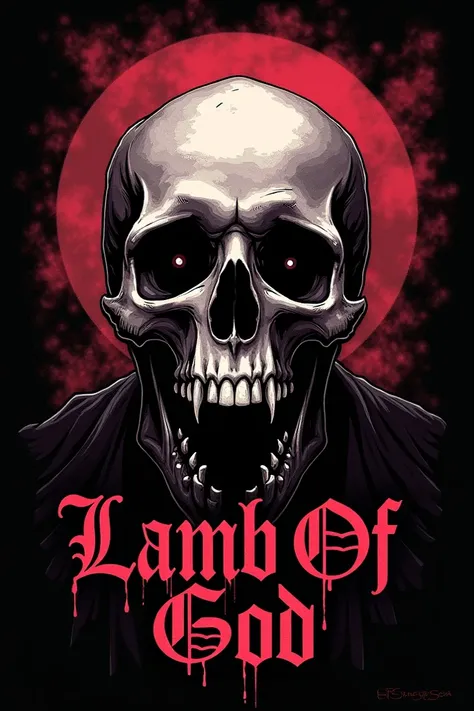 Image for a shirt with a black background ,  where we have a drawing of a skull amidst a burgundy haze with the word highlighted and gothic letters in the color wine "Lamb of God"