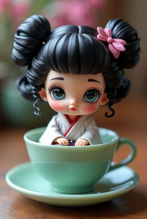 Baby chibi wearing white geisha long rope sitting in the jade teacup, black purple rockabilly hair, victory rolls and 2 buns, long curly volume wavy hair