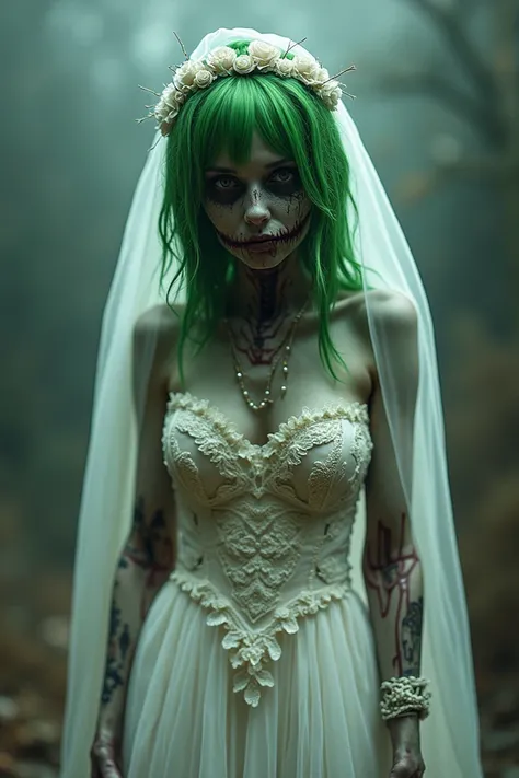 Green Hair Zombie Woman Wearing Wedding Dress