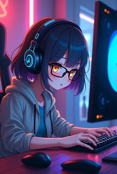 an anime woman , gamer, with headset and glasses playing on your PC gamer