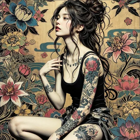 Japanese painting style、 young woman、Long hair tied up、Designed like Mucha 、 tank top 、Tattoo、 sitting surrounded by colorful flowers