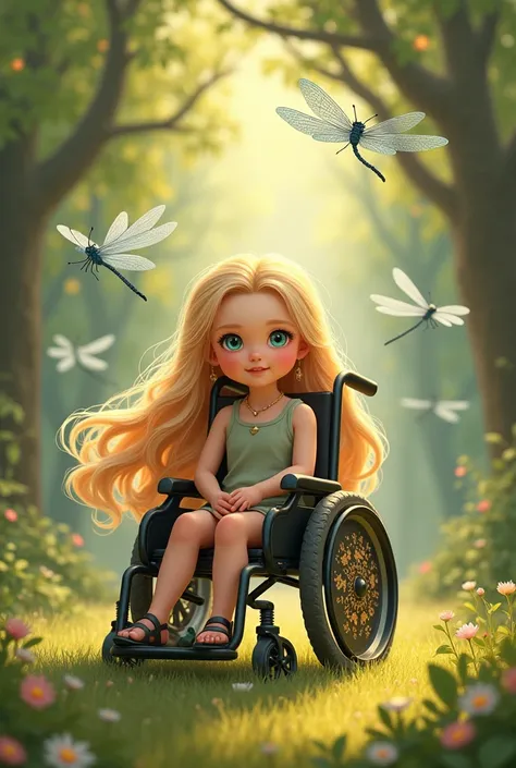 Enfant 
Blonde with long hair
In a wheelchair 
Surrounded by dragonflies 

