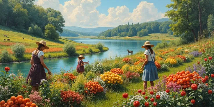 In the style of Claude Monet ,  the painting portrays a place with lots of colorful food , fruits and vegetables. Three people are planting . There is a river in the landscape .  The sunlight and vibrant colors add even more charm to the painting. There ar...