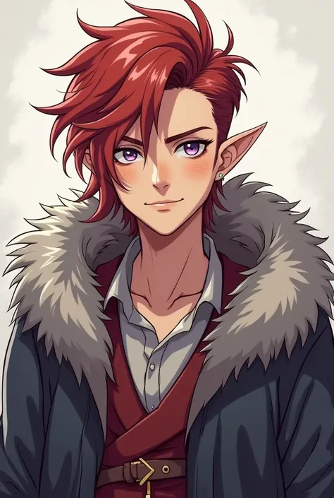 beautiful drawing, travelers robes, gender fluid androgynous half elf, lavender eyes smart, light hair below the shoulders combed back, fighter aesthetic, dark red hair, anime style, portrait, facing the camera, freckles, fluffy hair, handsome features, 30...