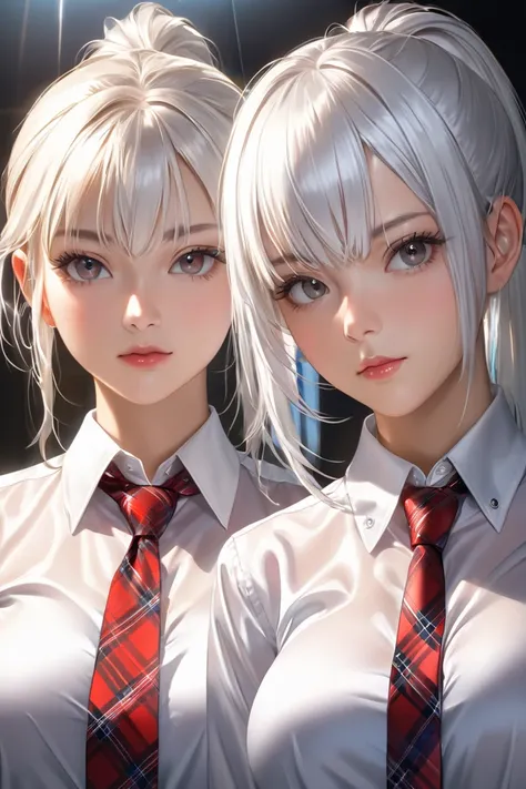 2 girls,  masterpiece,  ponytail,  white hair , Breasts, Lens reflection, Reflected light, Buttoned in extremely tight shiny satin blouse with flannel,Necktie,  high resolution , portrait,  looking at the viewer , 