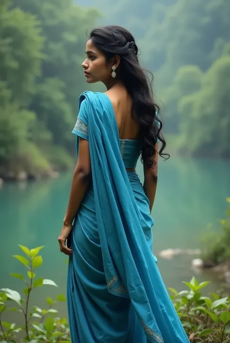 s Bangladeshi beautiful girl with height of 5 feet and weight of 37 kg who was standing on natural beauty.  We sea her backside.  She wear a  deep blue sari with blue full hand blaus.her Backrestis cover.