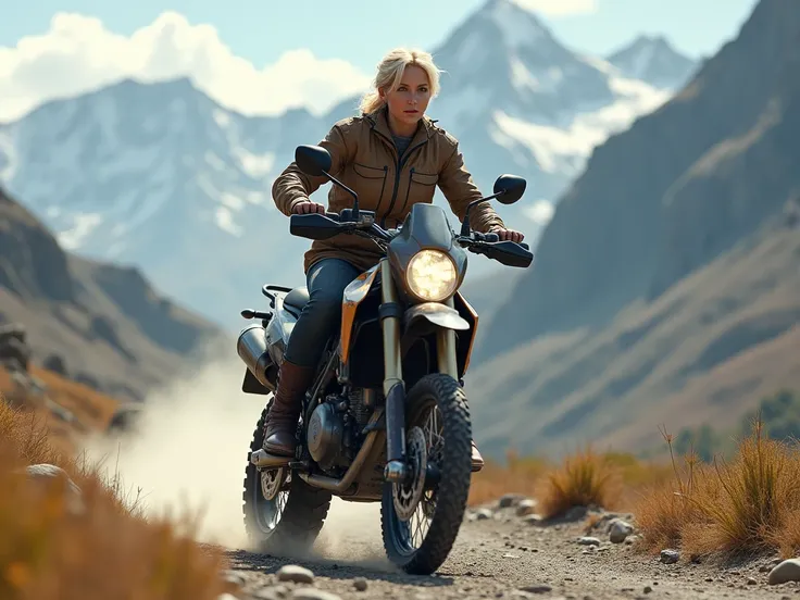 Blonde woman, french cut hairstyle, Age approx. 40 years,  goes with big enduro motobike and enduro clothes in the mountains