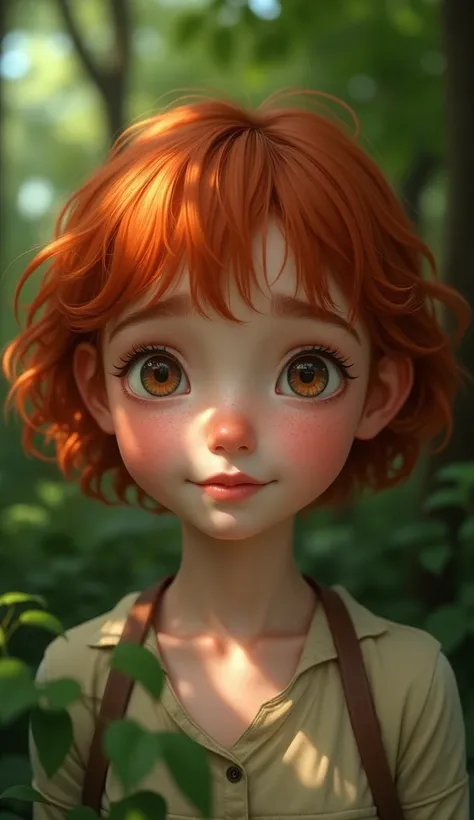 Girl with short red hair, with bright eyes and freckles , wearing a cozy ,  her face close-up against green trees.