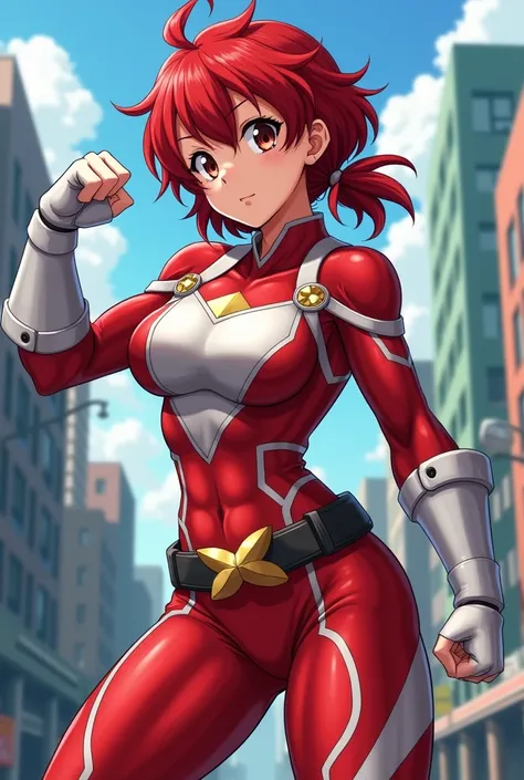 My Hero Academia Style , Anime girl, female, young female ,Full Body Shot,(fighting stance:1.3),Long hair, Red Hair,  Brown Eyes,Hero Suit, Full Body Suit, red suit with white details, perfect anatomy,  Toughened Abs,super detailed,(Buildings:1.2）