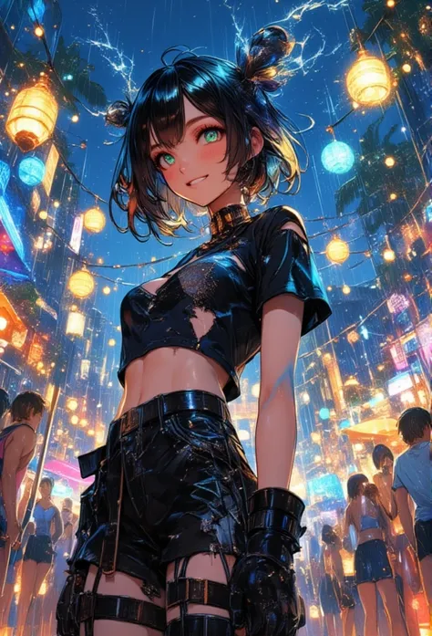 At a Christmas party on the beach with rain and snow weather animation style 2 . 5D manga niji6 strong features oil ink art super details on art lux lol sexy girl hair cut fashion feshion with the Gold   + Jinx from Toda Bruucada Smile Tshirt Torn Tight wi...