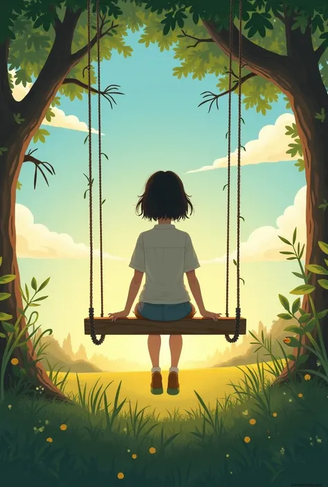 A girl sitting on a swing and looking at the horizon.
