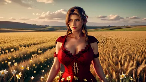 iris final fantasy with huge big incredibly huge breasts ,  tits against the background of a field of wheat and flowers with a w...