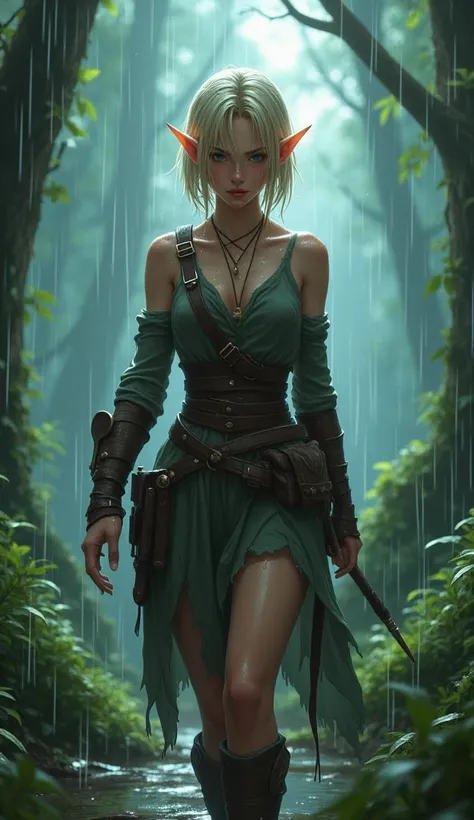 Anime art style, fantasy, female elf warrior walk in forest in the rain, front to viewer, blond short hair,  wet hair, wet clothes, wet tunic and wet leather armor,  heavy rain, wild and beautiful fantasy forest, detailed, masterpiece, anime digital painti...