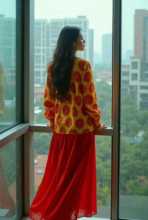 (photorealism:1.2),
Beautiful full body woman sweet dazzling Indonesian face dress shirt bright red yellow long wide length again standing on the edge of the glass wall outside the rain 