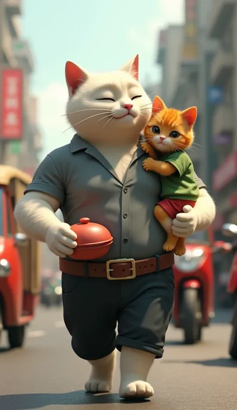 cinematic 3D style, HD image, realistic image, colourful image.
Character,a muscular Johnny big white cat wearing grey shirt and black pant.
Character,A kitten cat wearing a green shirt and red shorts.
Action,Johnny the white big cat is holding a tiffin bo...