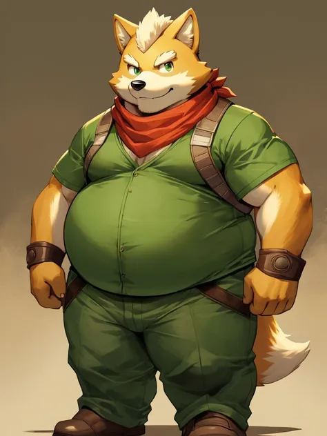 Standing pose,solo，male people，chubbiness， solo， tmasterpiece，Excessive obesity，Obesity in the extremities，overweight，proportions，overweight，black nose,fox mccloud,grey jacket with a red scarf, a green shirt and green pants,fox mccloud,green shirt,green sh...