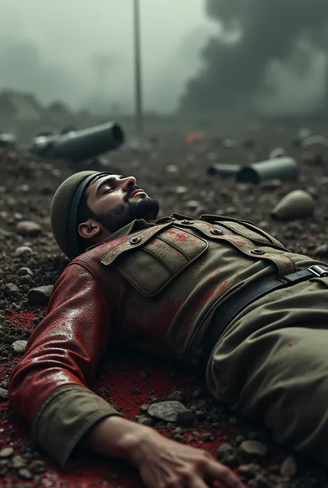 Make me an image where a Spanish soldier lays on the ground dead while in a battefield