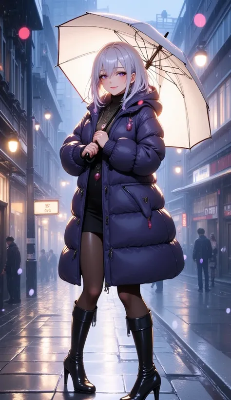  mature beautiful woman with ,( best quality, very detailed depiction, Incredibly Absurd Hi-Res,High quality anime drawings:2.0),( Woman Walking Down Main Street In The Rain ,winter coat , tight skirt on the express train,Shiny Cloth ,Winter clothes, earri...