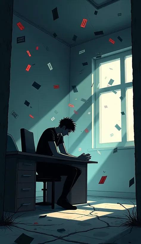 A webtoon-style illustration in 9:16 format, exuding tension and suspense, with Xander represented as a black silhouette sitting on the edge of a desk in a minimalist, dimly lit room. His pose is tense, leaning forward slightly, as though bracing for somet...